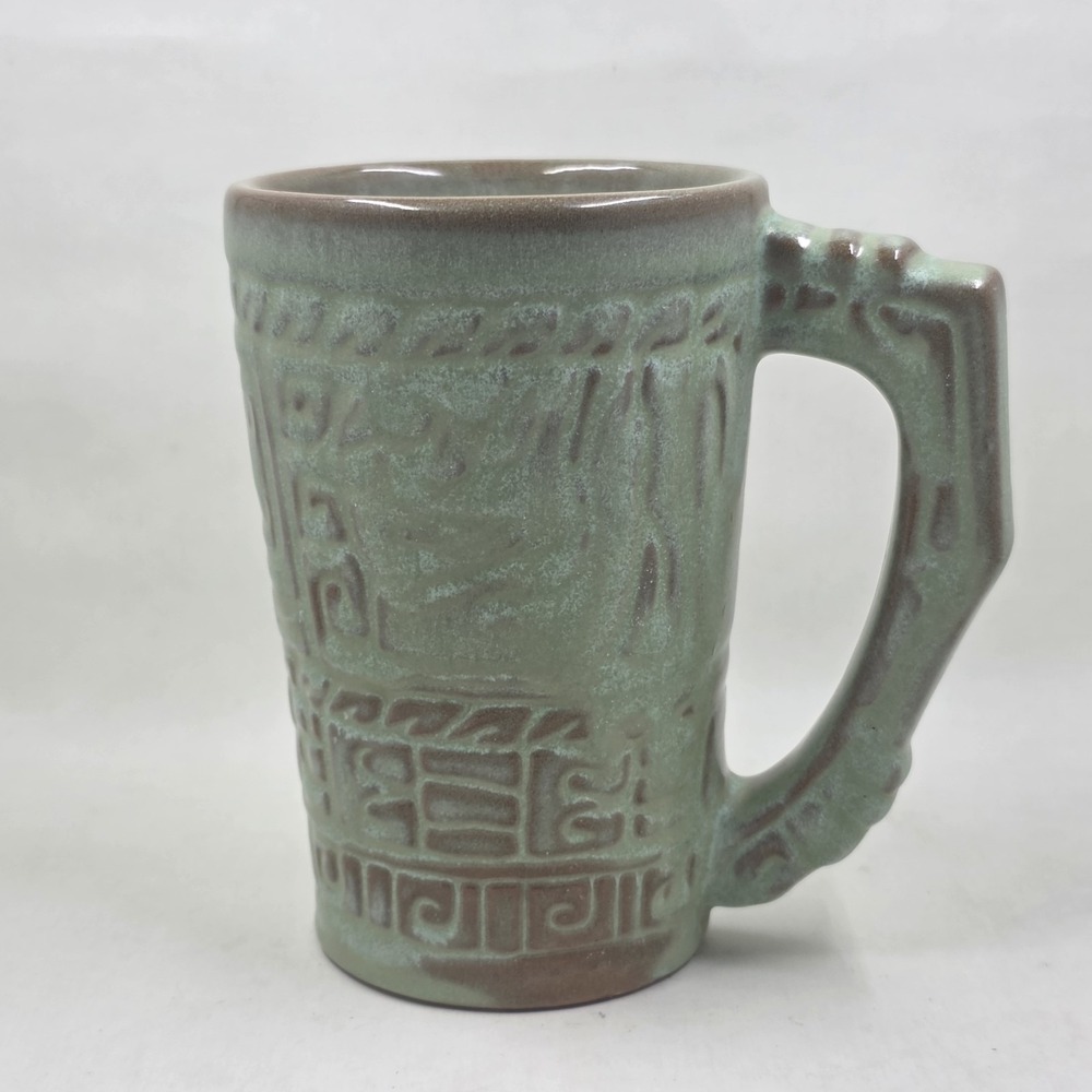 Frankoma Pottery Mug Mayan Aztec Praire Green 16 oz Vintage USA Stoneware